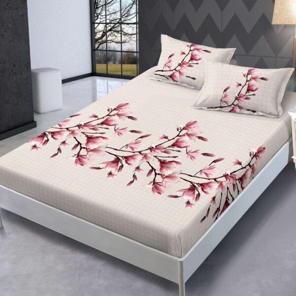 husa de pat cu elastic bej cu flori colorate