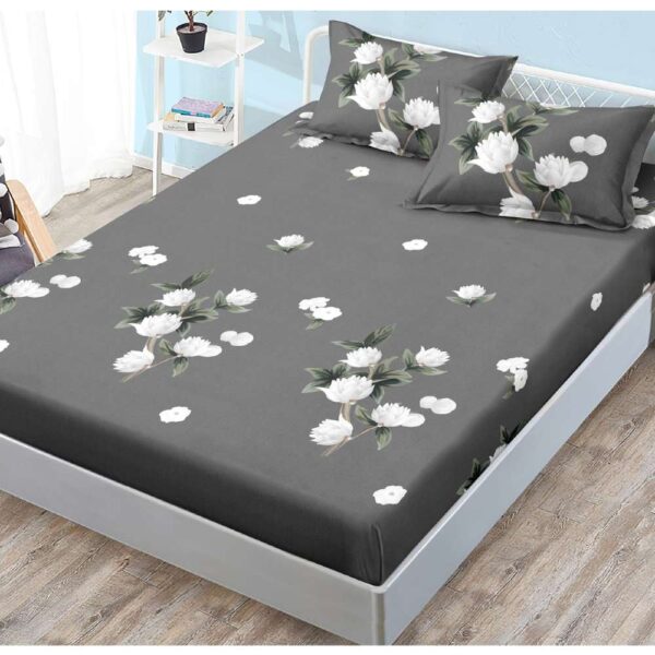 husa de pat cu elastic gri cu flori albe