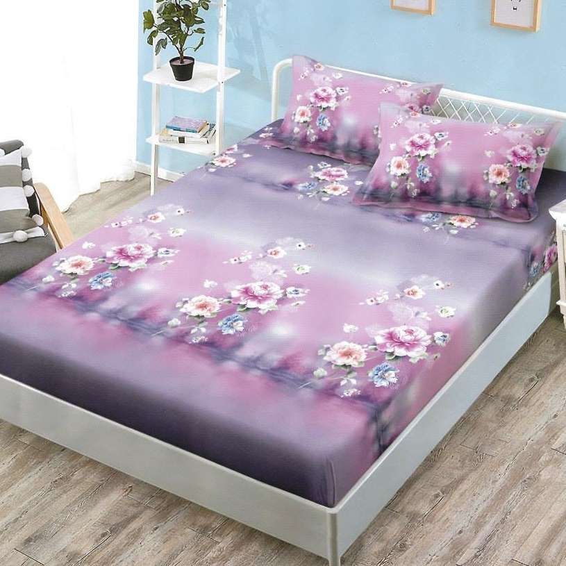 husa de pat cu elastic lila cu flori