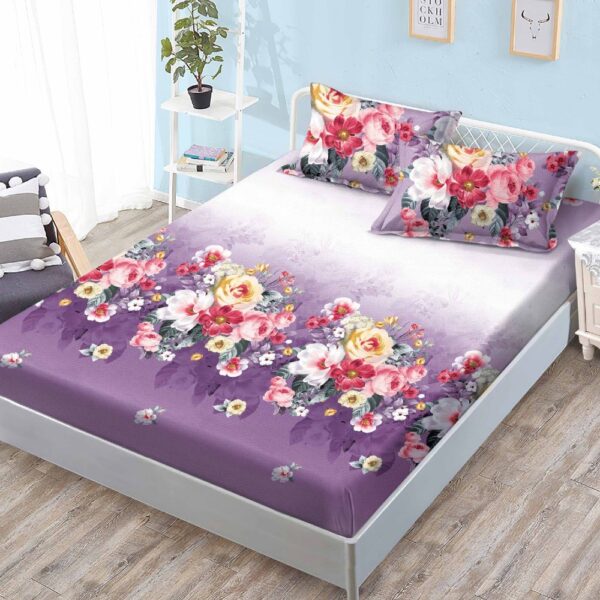 husa de pat cu elastic mov cu flori