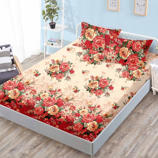husa de pat cu elastic rosie cu flori