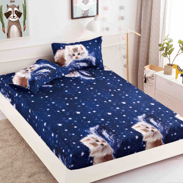 husa de pat finet albastra cu pisicute