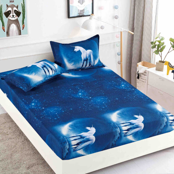 husa de pat finet albastra cu unicorni