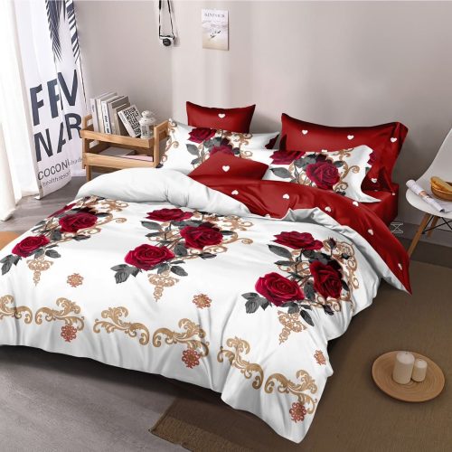 lenjerie alba cu trandafiri rosii