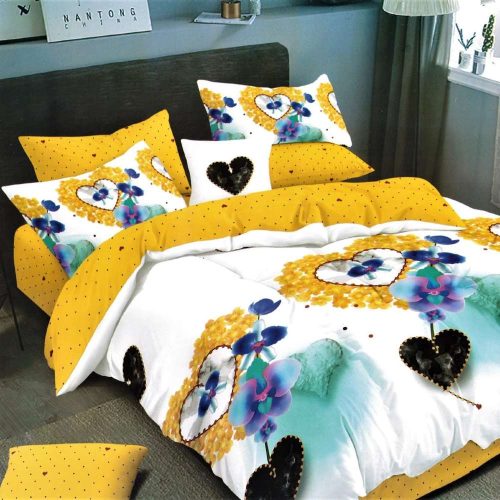 lenjerie de pat alb cu galben si inimioare