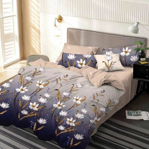 lenjerie finet bej bleumarin cu flori albe