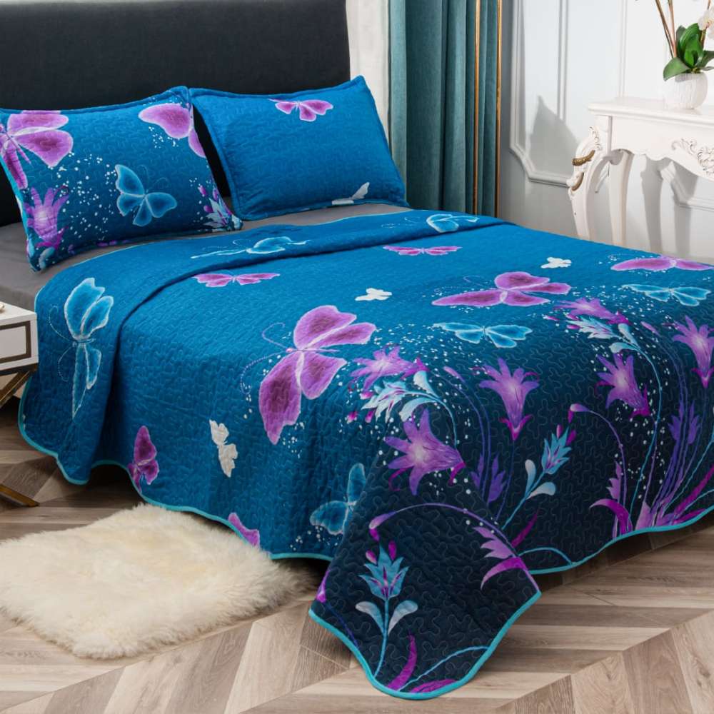 set cuvertura de pat albastra cu fluturi