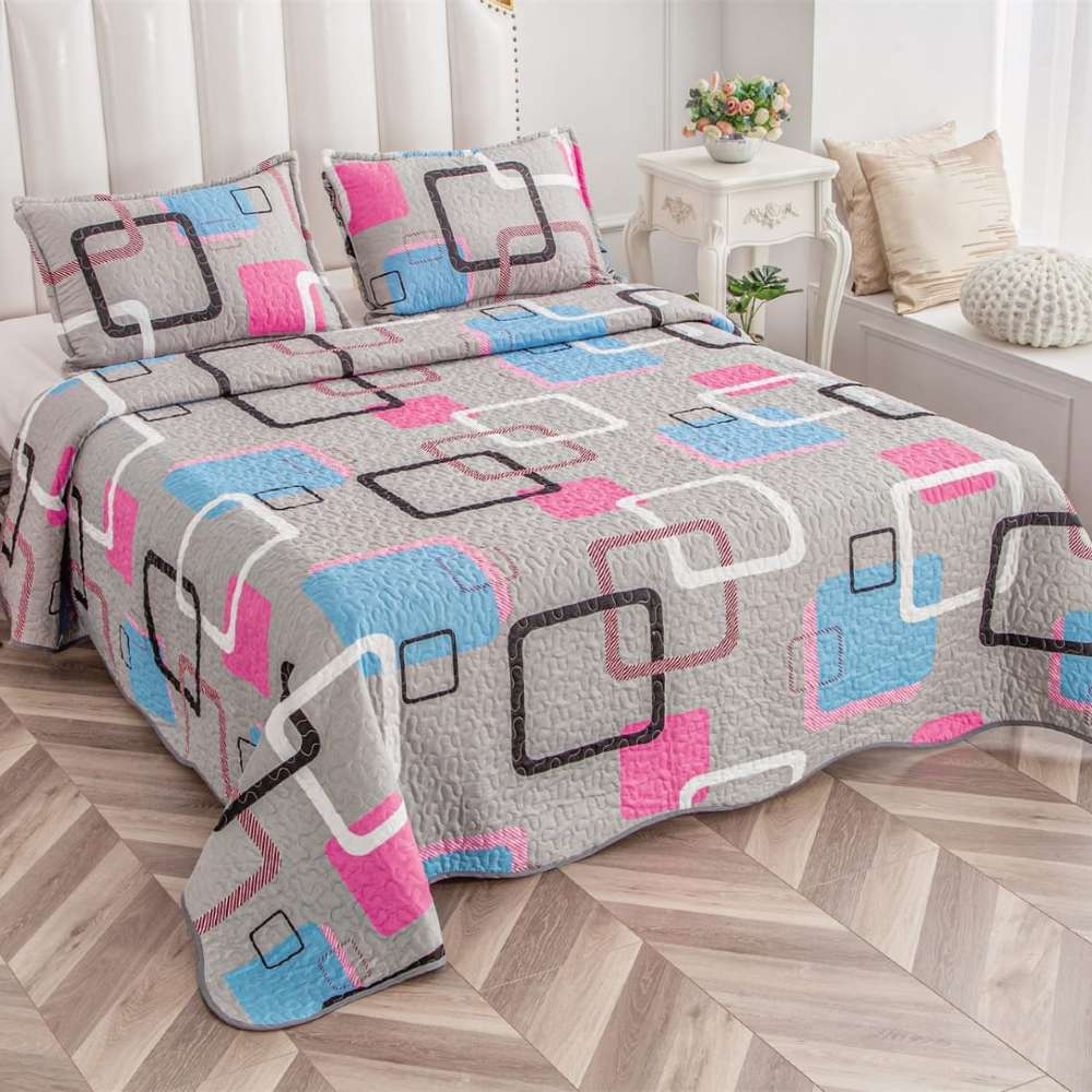 set cuvertura de pat gri cu forme geometrice