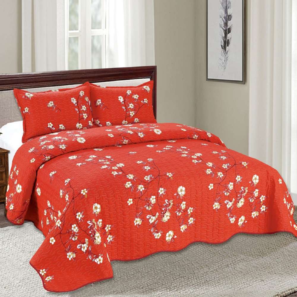 set cuvertura de pat rosie cu flori