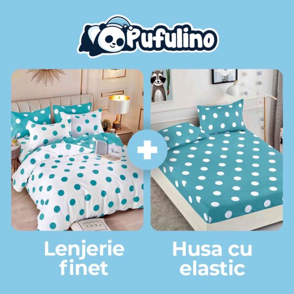 set husa si lenejrie alba cu buline albastre