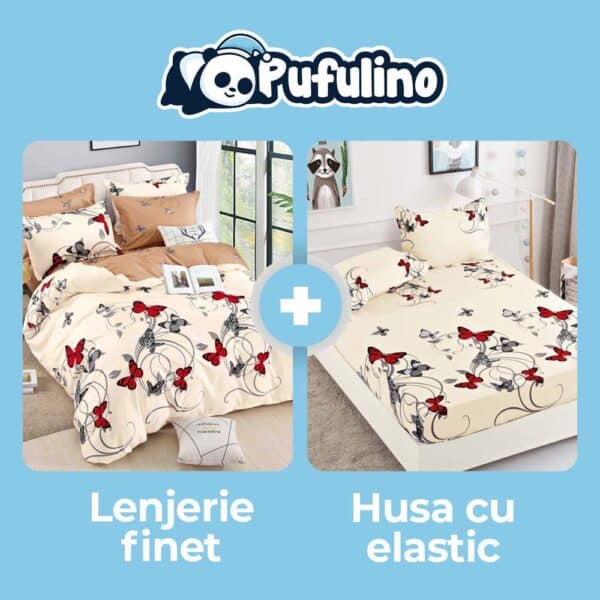 set husa si lenjerie crem cu fluturi