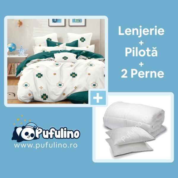 set-lenjerie-de-pat-alb-verde-cu-perne-si-pilota