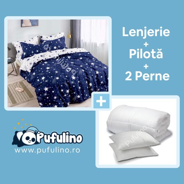 set-lenjerie-de-pat-albastra-cu-pilota-si-perne