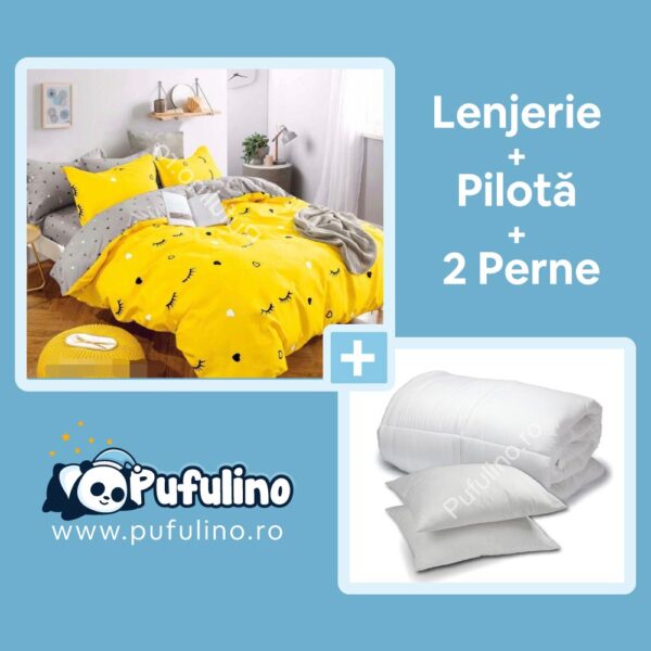 set-lenjerie-de-pat-galbena-cu-perne-si-pilota