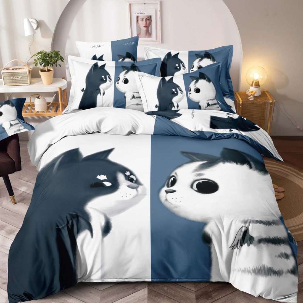 lenjerie de pat alb cu bleumarin cu pisicute