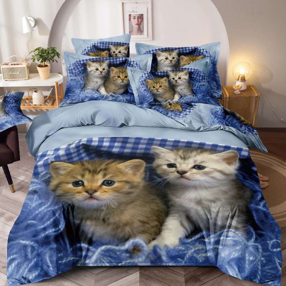lenjerie de pat albastra cu pisicute