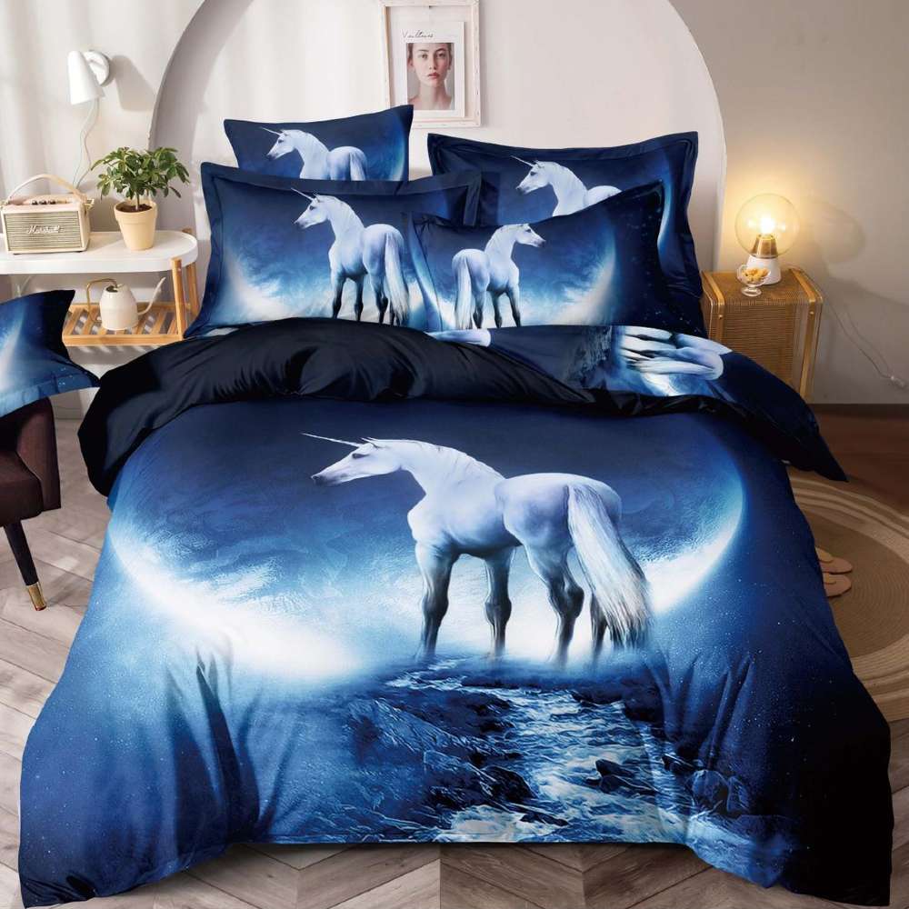 lenjerie de pat bleumarin cu unicorni