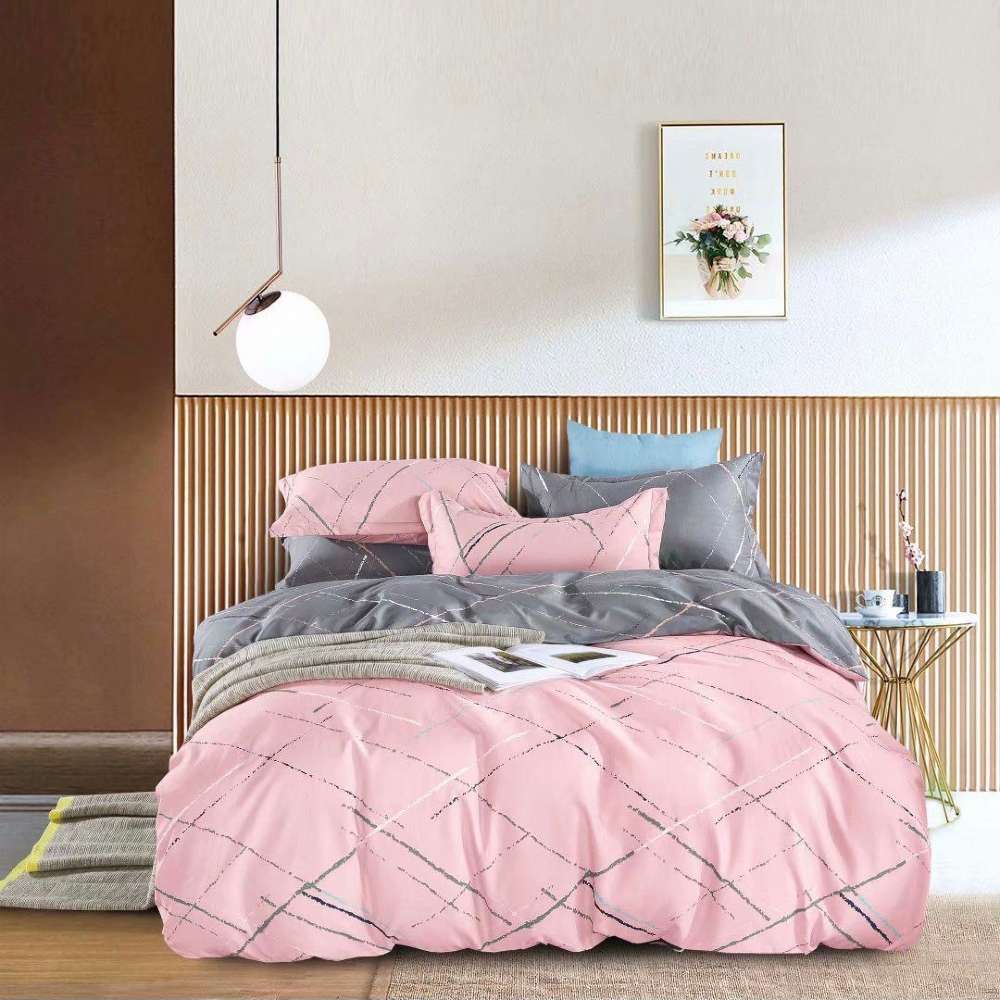 lenjerie de pat cu elastic roz cu gri