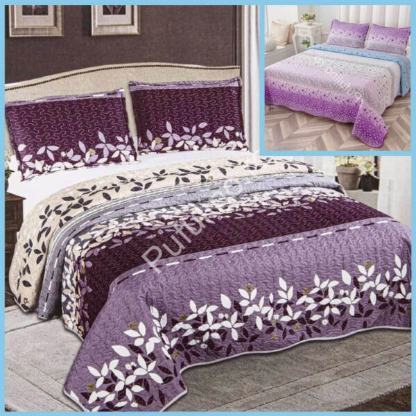 set cuvertura de pat cu doua fete lila cu flori