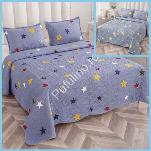 set cuvertura de pat cu doua fete lila cu stelute