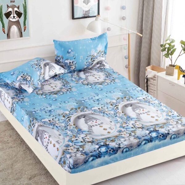 husa de pat cu elastic bleu cu oameni de zapada