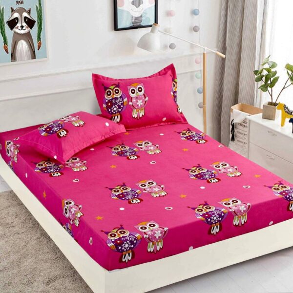 husa de pat cu elastic roz cu bufnite