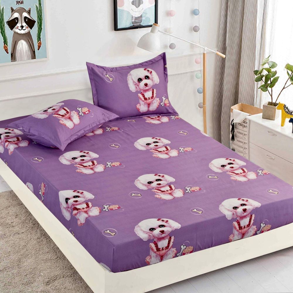 husa de pat cu elastic violet cu catelusi