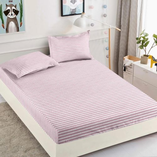 husa de pat din finet cu 2 fete de perna alba cu dungi roz
