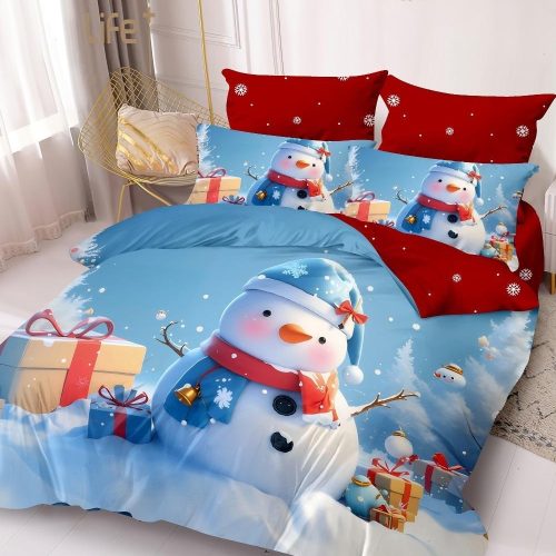 lenjerie de craciun albastra bleu cu om de zapada 3d