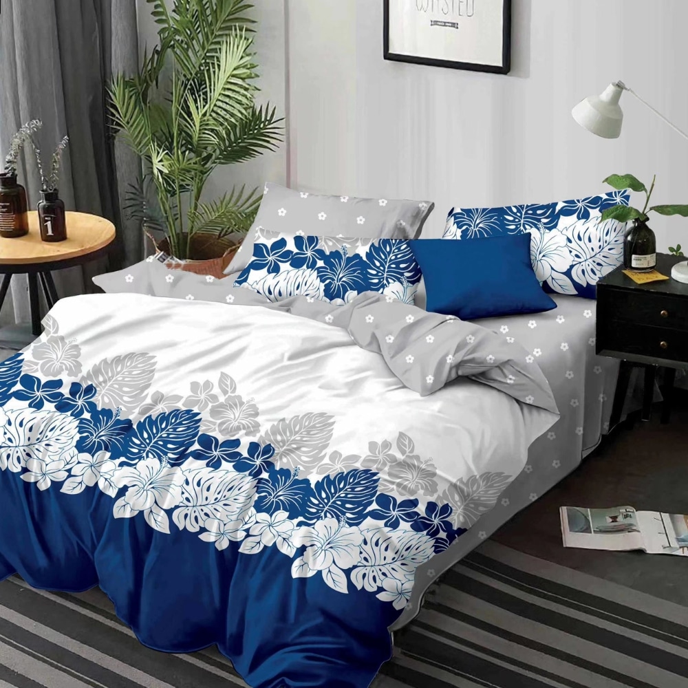 lenjerie de pat finet albastra cu flori albe