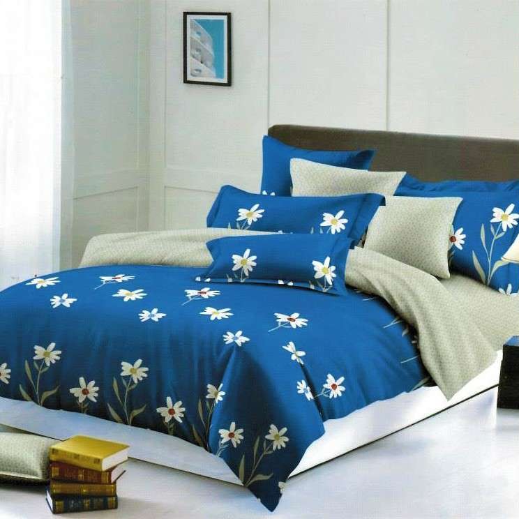 lenjerie de pat finet albastra cu flori albe
