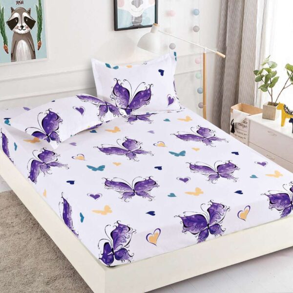 set husa de pat si perne alba cu fluturi mov