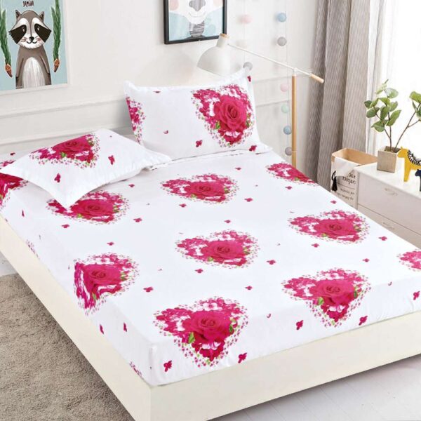 set husa de pat si perne alba cu trandafiri roz