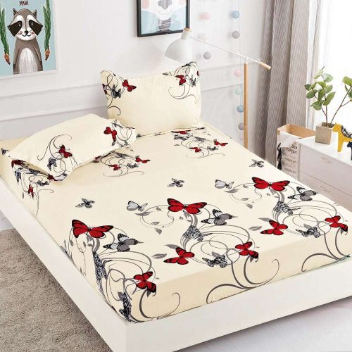 set husa de pat si perne crem cu fluturi