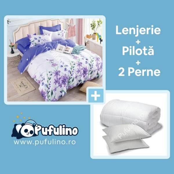 set lenjerie de pat alb flori cu perne si pilota