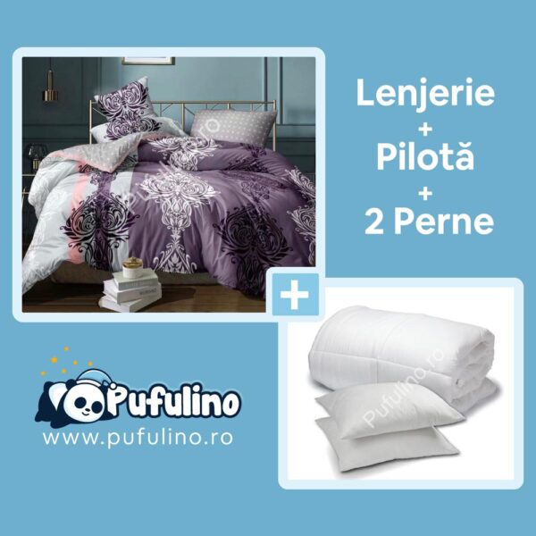 set lenjerie de pat mov cu perne si pilota