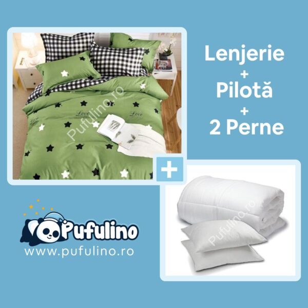 set lenjerie de pat verde cu perne si pilota