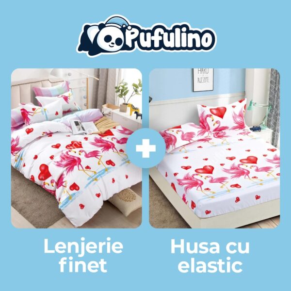 set lenjerie cu pasari flamingo + husa de pat cu elastic