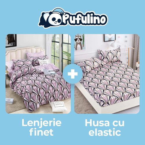 set lenjerie multicolor + husa de pat cu elastic
