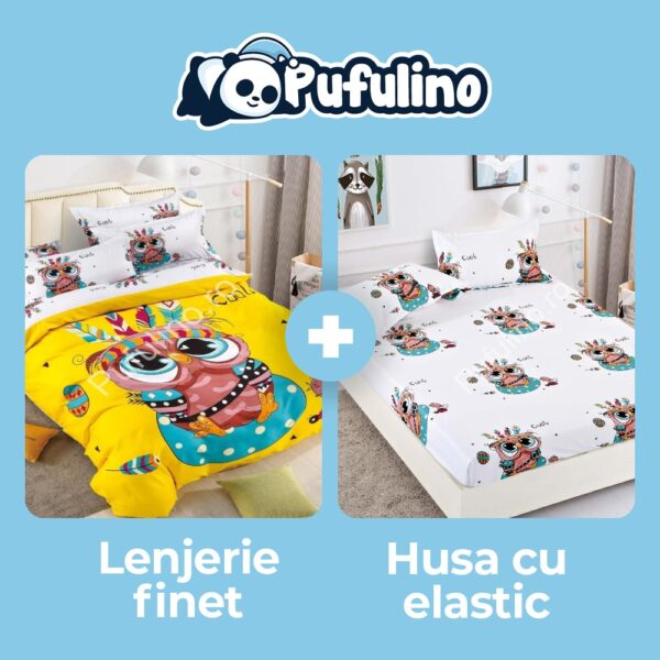 set lenjerie cu bufnite + husa de pat cu elastic