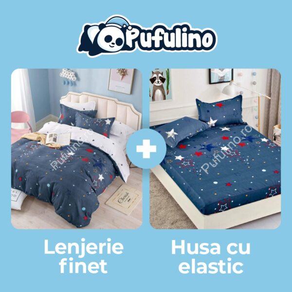 lenjerie albastra cu stelute + husa de pat cu elastic