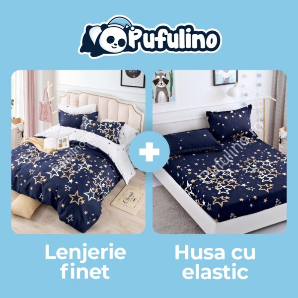 lenjerie bleumarin cu stelute + husa de pat cu elastic