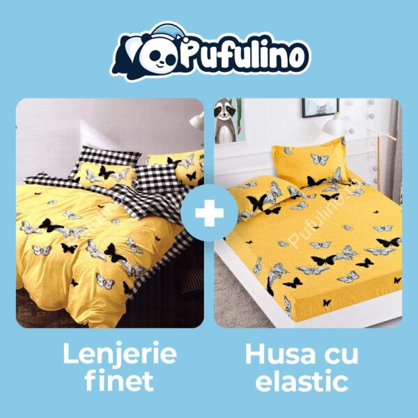 lenjerie galbena cu fluturi + husa de pat cu elastic