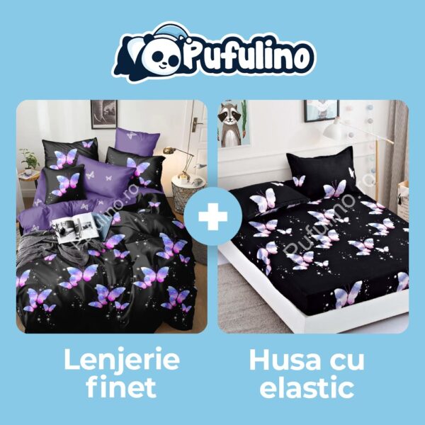 lenjerie neagra cu fluturi mov + husa de pat cu elastic