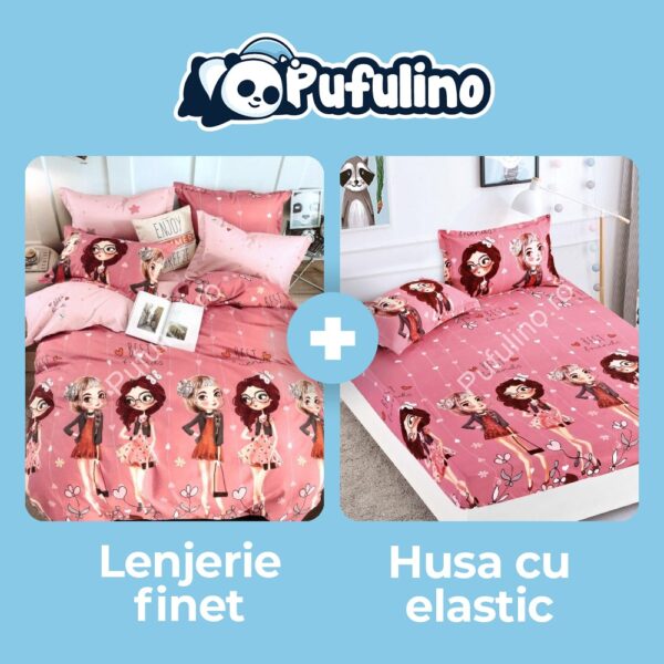 lenjerie roz cu printese + husa de pat cu elastic