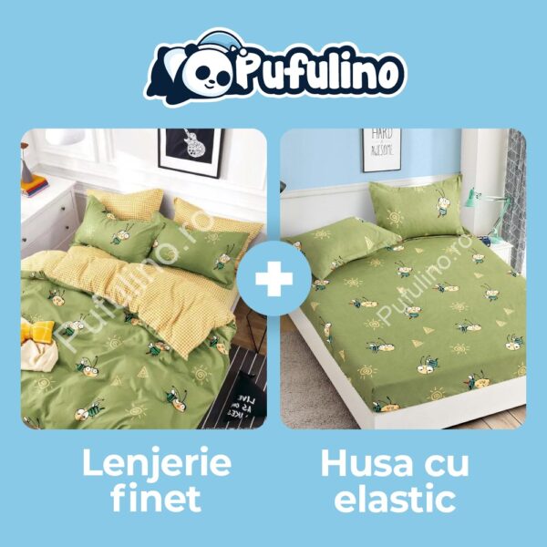 lenjerie verde cu albinute + husa de pat cu elastic