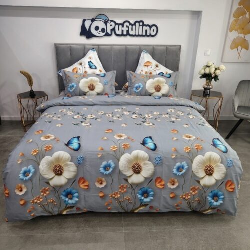 lenjerie de pat material satinat gri cu floricele