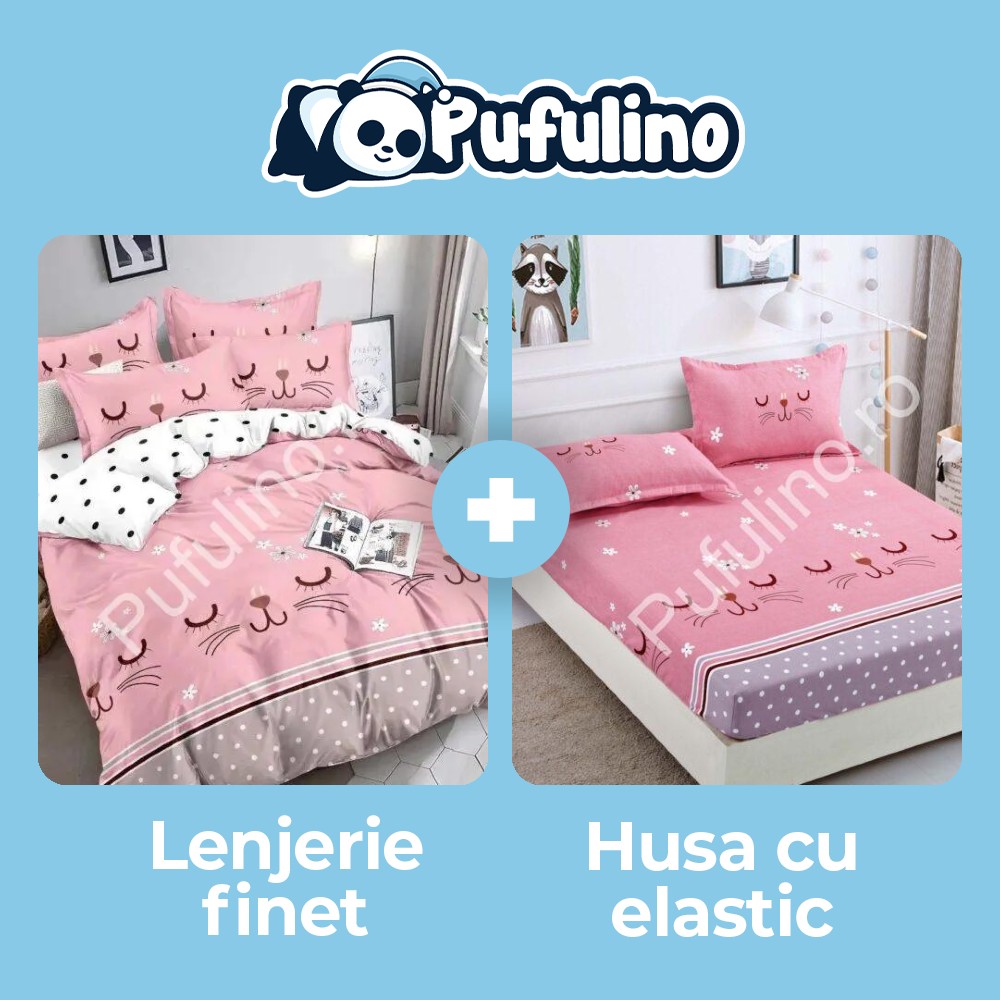 set lenjerie roz cu pisicute + husa de pat cu elastic