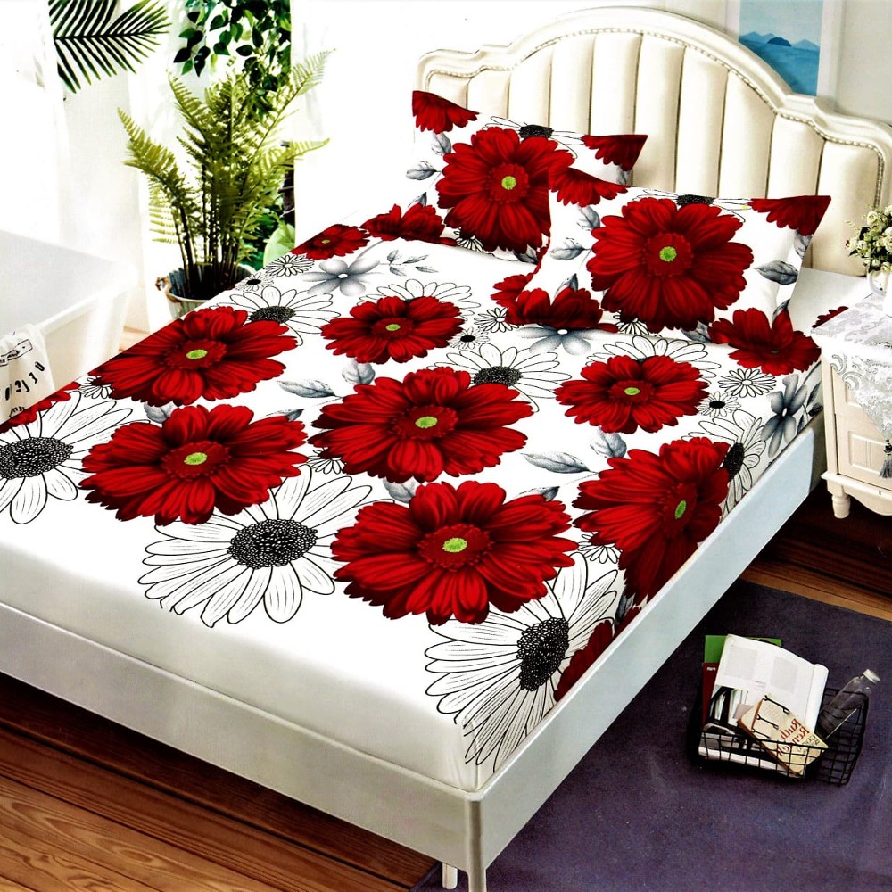 husa de pat alba cu flori rosii