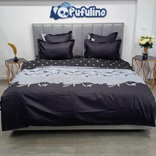 lenjerie de pat material finet neagra cu buline si frunze